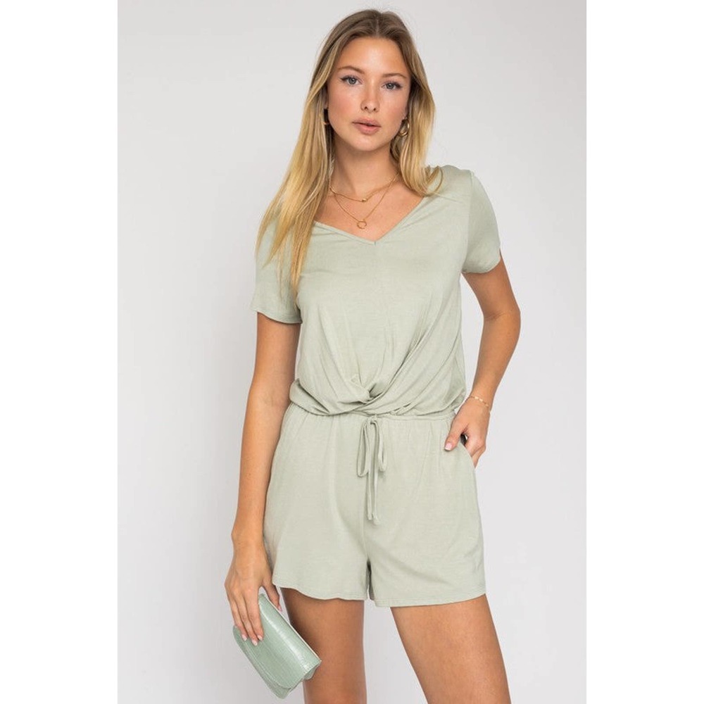 GILLI Short Sleeves V-Neckline Front Overlap Romper with Pockets in Sage - Picture 6 of 10